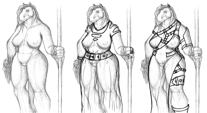 belt big big_breasts big_butt breasts breq-zerith butt chubby ear_piercing equine female greyscale mammal monochrome nude pencil piercing pole sketch wide_hips