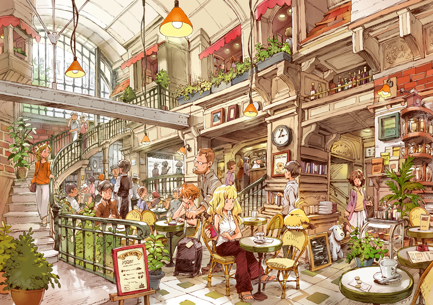 6+girls alcohol analog_clock annie_berton awning balcony bar bird blonde_hair bookshelf bottle brick_wall cafe chair chalkboard clock coffee_maker_(object) cup curved_ceiling dog drinking_straw frame girder glass hanging_light lamp long_hair matsuda_(matsukichi) menu menu_board money multiple_boys multiple_girls original photo_(object) plant railing rolling_suitcase sandals saucer short_hair sitting stairs strut table tile_floor tile_roof tiles tori_(matsuda_(matsukichi)) wall_clock wicker_furniture window windowboxed wine