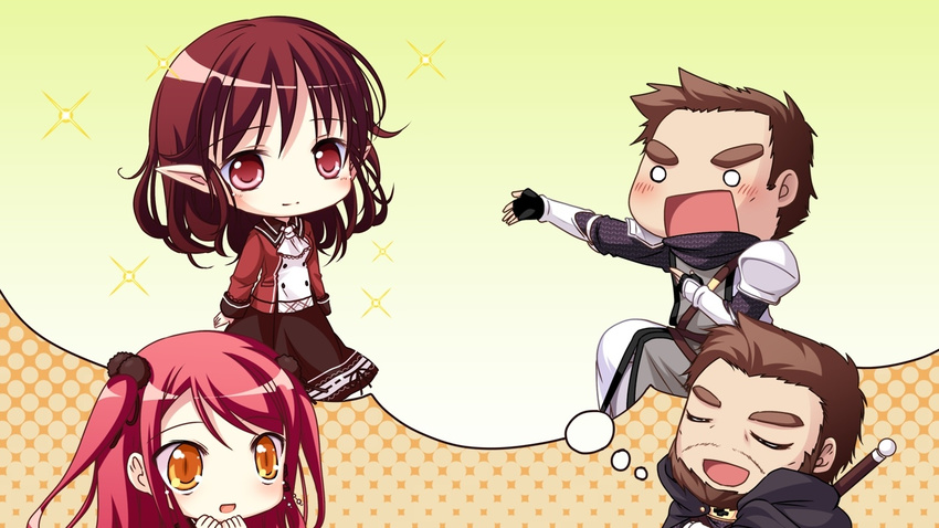 1boy 2girls cape chibi eyes_closed game_cg hinomiya_ayari ko~cha kurauchi_joji long_hair multiple_girls o_o red_eyes red_hair sword weapon witch's_garden witch's_garden yellow_eyes