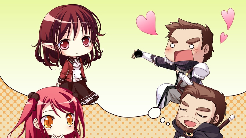 1boy 2girls cape chibi eyes_closed game_cg hinomiya_ayari ko~cha kurauchi_joji long_hair multiple_girls o_o red_eyes red_hair sword weapon witch's_garden witch's_garden yellow_eyes