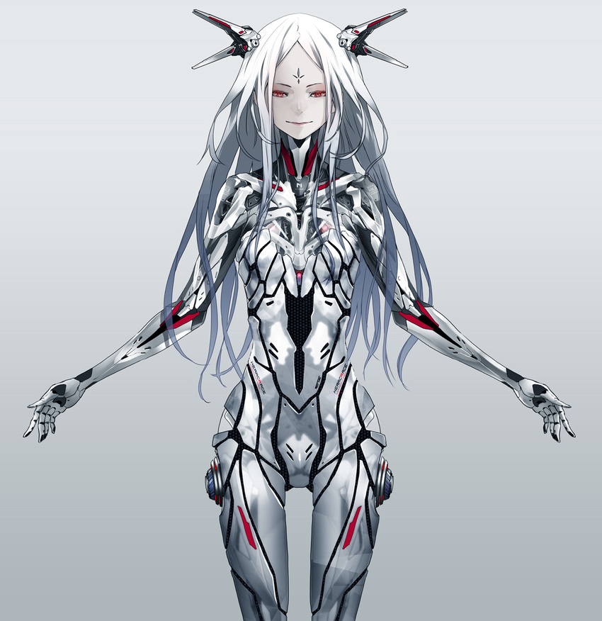 beatless bodysuit breasts character_request highres long_hair looking_at_viewer md5_mismatch red_eyes redjuice simple_background skin_tight small_breasts solo white_hair