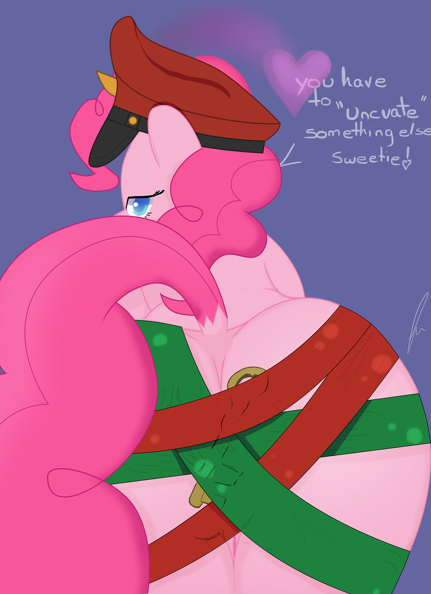 &lt;3 anthro anthrofied blue_eyes butt dialog english_text equine female friendship_is_magic fur hair hat horse kernhd key looking_at_viewer looking_back mammal my_little_pony pink_fur pink_hair pinkie_pie_(mlp) pony pussy solo team_fortress_2 text