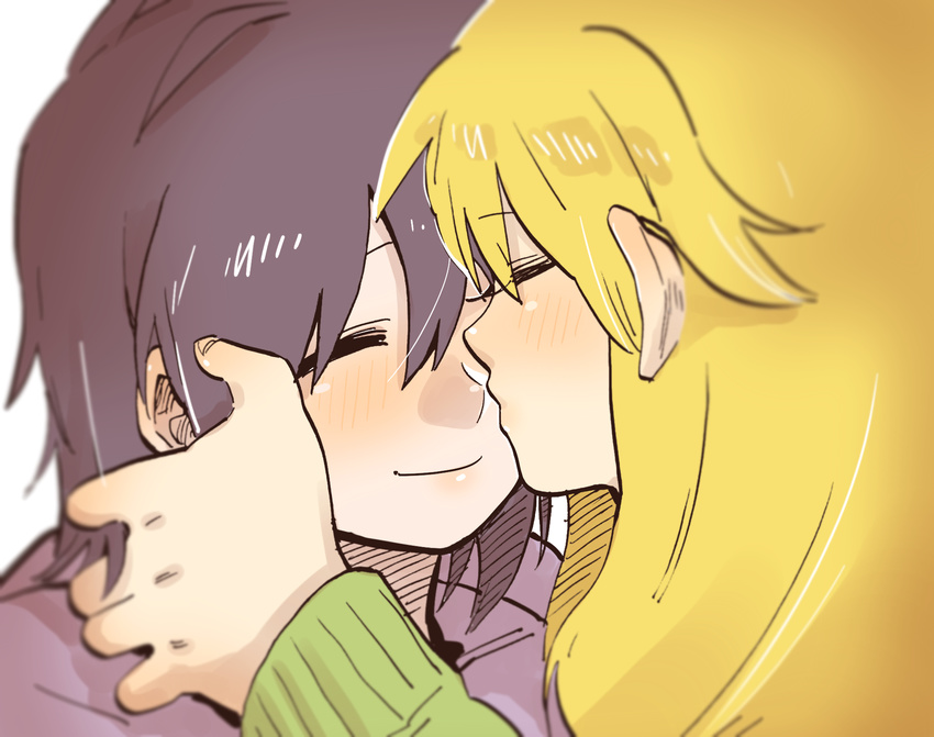 black_hair blonde_hair highres hoshii_miki idolmaster idolmaster_(classic) kikuchi_makoto kiss long_hair multiple_girls pito_(sh02327) short_hair smile yuri