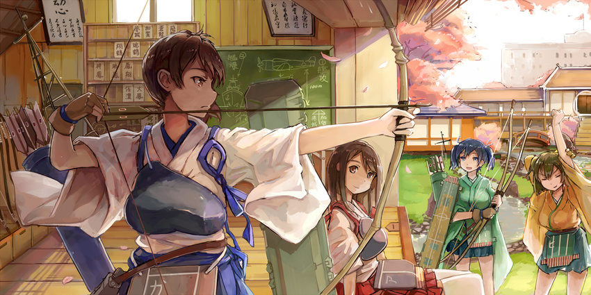 :d akagi_(kantai_collection) archery arrow blue_hair bow_(weapon) brown_hair closed_eyes gloves green_hair hiryuu_(kantai_collection) japanese_clothes kaga_(kantai_collection) kantai_collection kyuudou long_hair looking_at_viewer multiple_girls muneate open_mouth partly_fingerless_gloves petals quiver short_hair smile souryuu_(kantai_collection) spark_(sandro) tasuki weapon yugake