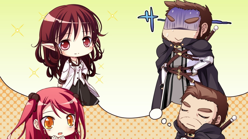 1boy 2girls cape chibi eyes_closed game_cg hinomiya_ayari ko~cha kurauchi_joji long_hair multiple_girls red_eyes red_hair sword weapon witch's_garden witch's_garden yellow_eyes