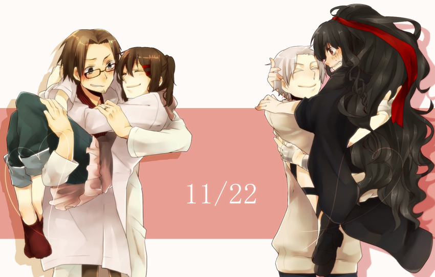 2girls azami_(kagerou_project) bad_id bad_pixiv_id black_hair blush brown_hair carrying couple glasses hetero highres husband_and_wife kagerou_project labcoat long_hair multiple_boys multiple_girls princess_carry ribbon short_hair silver_hair smile tateyama_ayaka tateyama_kenjirou tsukihiko_(kagerou_project) vivi-t_(akagami)