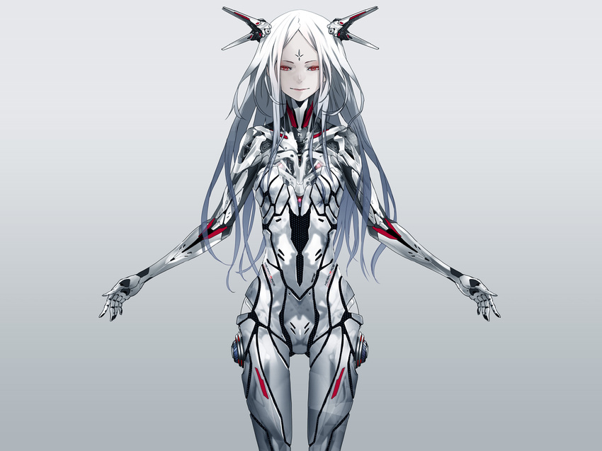 bodysuit gray long_hair original red_eyes redjuice skintight white_hair