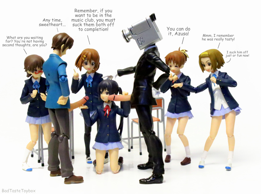 2males 5females 5girls badtastetoybox camera_man chair crossover desk eyes_closed figma hairband hand_on_head hirasawa_ui hirasawa_yui holding_penis initiation instruction k-on!girl_on_knees kneeling kyon lesson manabe_nodoka mini_shirts multiple_girls multiple_penises nakano_azusa object_head penis photo red_glasses school_desk school_uniform schoolgirl simple_background tainaka_ritsu text_focus toy_photography white_background white_socks yellow_hairband