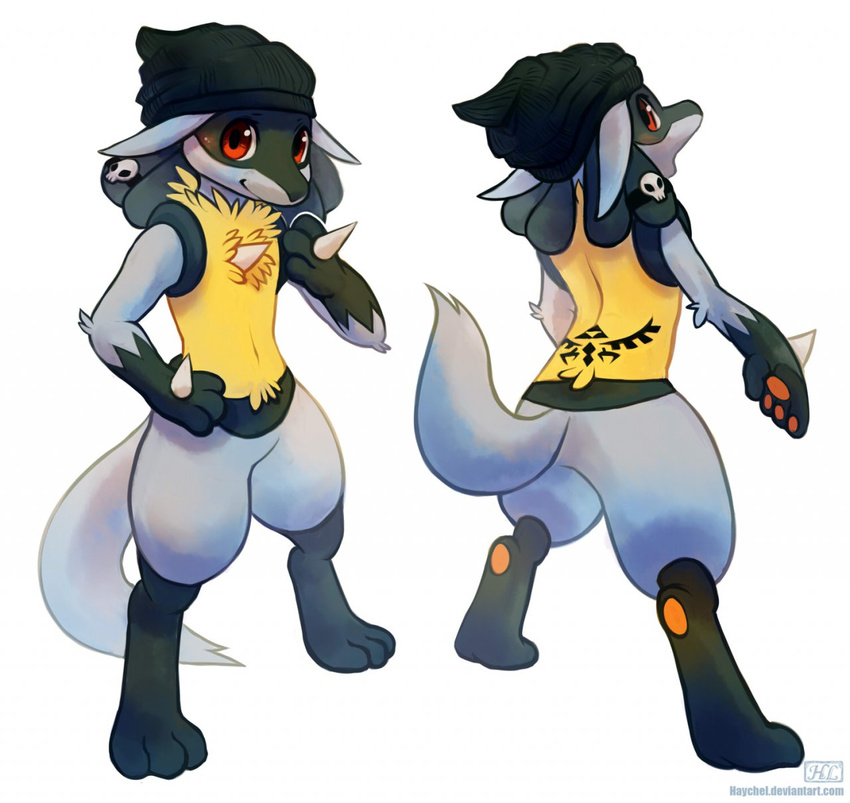 canine gioven_(character) happy haychel jackal looking_back lucario mammal nintendo pok&#233;mon pok&eacute;mon pose skull smile standing tattoo video_games