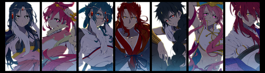 4boys absurdres black_hair brother_and_sister brothers brown_hair chinese_clothes collarbone column_lineup cousins dress hanfu highres judal looking_at_viewer magi_the_labyrinth_of_magic multiple_boys multiple_girls pink_dress pink_hair red_hair ren_hakuei ren_hakuryuu ren_kouen ren_kougyoku ren_kouha ren_koumei siblings simple_background split_screen upper_body white_background