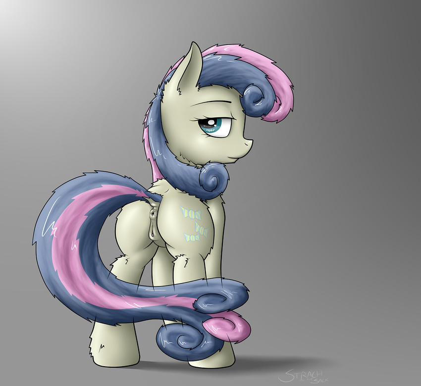 anus bonbon_(mlp) butt cutie_mark equine female feral fluffy friendship_is_magic grey_background hair half-closed_eyes horse mammal my_little_pony plain_background pony pussy solo standing strachinthesack two_tone_hair
