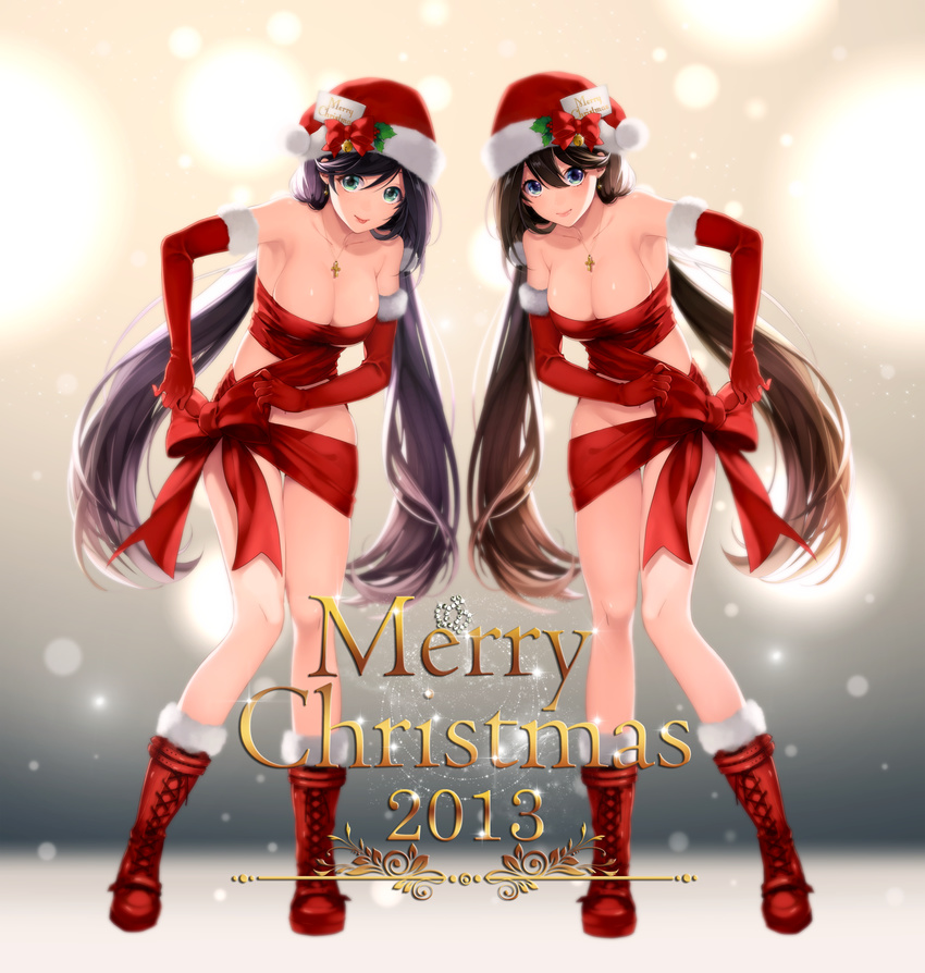 2girls :p black_hair blue_eyes blurry blush bokeh boots bow breasts brown_hair christmas cleavage cross cross-laced_footwear cross_necklace depth_of_field elbow_gloves english gloves green_eyes hat highres jewelry katase_waka large_breasts leaning_forward lips long_hair looking_at_viewer love_live! love_live!_school_idol_project low_twintails merry_christmas multiple_girls naked_ribbon necklace original red_gloves ribbon santa_boots santa_hat smile snow text_focus tongue tongue_out toujou_nozomi twintails very_long_hair
