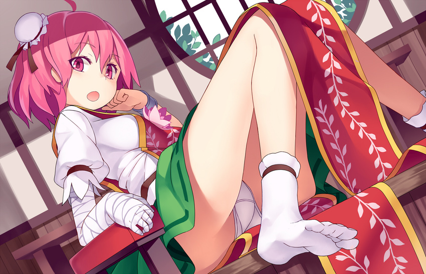 :o arm_support bandages bun_cover chair cuffs double_bun flower ibaraki_kasen looking_at_viewer mikan_(bananoha) open_mouth panties pantyshot pantyshot_(sitting) pink_eyes pink_flower pink_hair pink_rose puffy_sleeves rose shackles shirt short_sleeves sitting skirt solo tabard touhou underwear upskirt white_panties