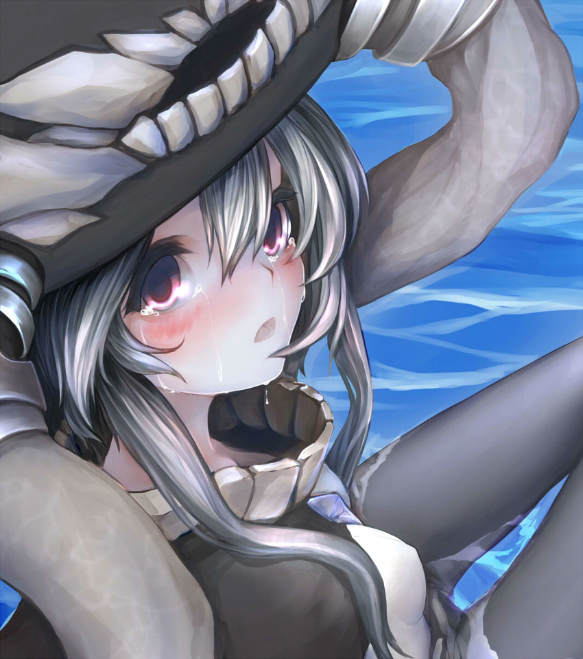 blush bodysuit breasts hachachi highres kantai_collection long_hair looking_at_viewer medium_breasts open_mouth pale_skin purple_eyes shinkaisei-kan silver_hair solo tears wo-class_aircraft_carrier