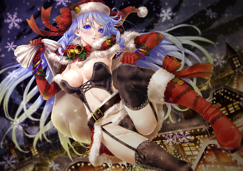 bell belt black_legwear blue_eyes blue_hair blush boots breasts buckle building city corset elbow_gloves fur_trim garter_straps gloves hat holding jingle_bell large_breasts long_hair night original pandaraion_(kanikani2950) parted_lips red_footwear red_gloves sack santa_hat smile snowflakes solo thighhighs