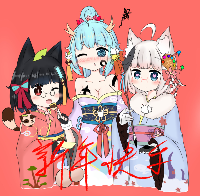 3girls @_@ ahoge animal animal_ear_fluff animal_ears animal_on_shoulder bailingxiao_jiu bandage bandaged_arm bandages bangs black_gloves black_hair blue_eyes blue_hair blue_kimono blush bow breasts cleavage collarbone cropped_torso dragon_horns eyebrows_visible_through_hair facepaint fingerless_gloves food fur_collar gloves gourd hair_bow heart heart-shaped_pupils holding holding_food horns japanese_clothes kimono leaf leaf_on_head long_sleeves mask mask_on_head medium_breasts multiple_girls nose_blush obi off_shoulder one_eye_closed open_mouth original parted_lips purple raccoon_ears red_background red_eyes red_kimono sash silver_hair simple_background sleeves_past_wrists striped striped_bow symbol-shaped_pupils tanuki translation_request