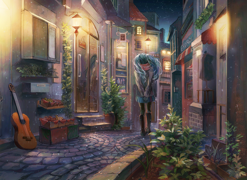 aqua_hair banana boots city cobblestone food from_behind fruit guitar hatsune_miku instrument knee_boots long_hair night outdoors pantyhose plant skirt solo toilettle twintails vocaloid