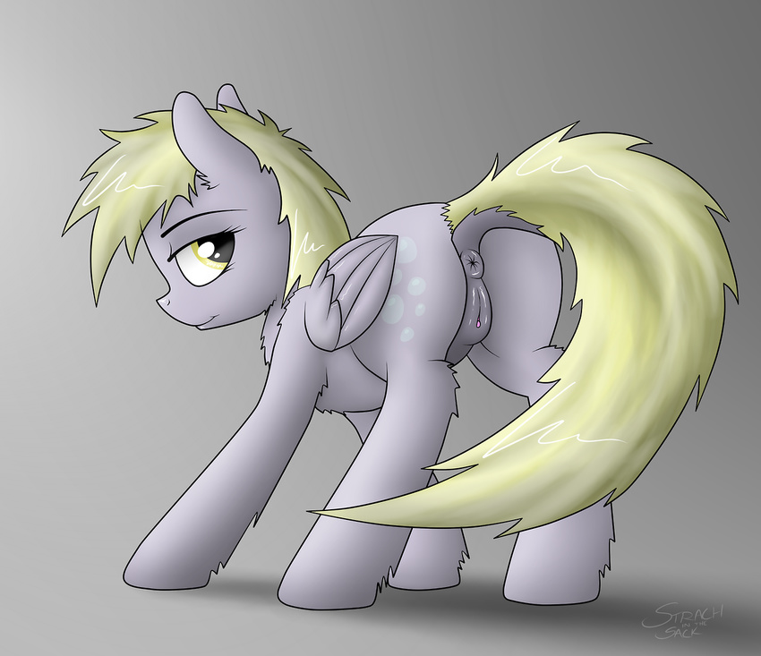 amber_eyes anus blonde_hair butt cutie_mark derpy_hooves_(mlp) equine female feral fluffy friendship_is_magic fur grey_background grey_fur hair horse mammal my_little_pony pegasus plain_background pony pussy solo standing strachinthesack wings