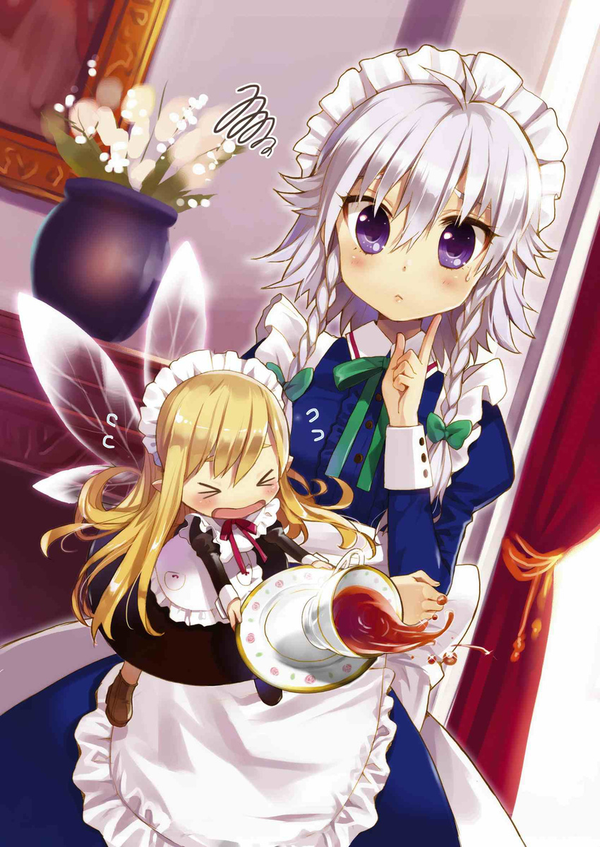 &gt;_&lt; :&lt; apron blonde_hair bow braid closed_eyes cup curtains dutch_angle fairy fairy_maid fairy_wings flower flying flying_sweatdrops hair_bow highres index_finger_raised indoors izayoi_sakuya juliet_sleeves long_hair long_sleeves maid maid_headdress multiple_girls picture_frame puffy_sleeves purple_eyes saucer short_hair silver_hair spilling squiggle teacup touhou twin_braids vase waist_apron wings