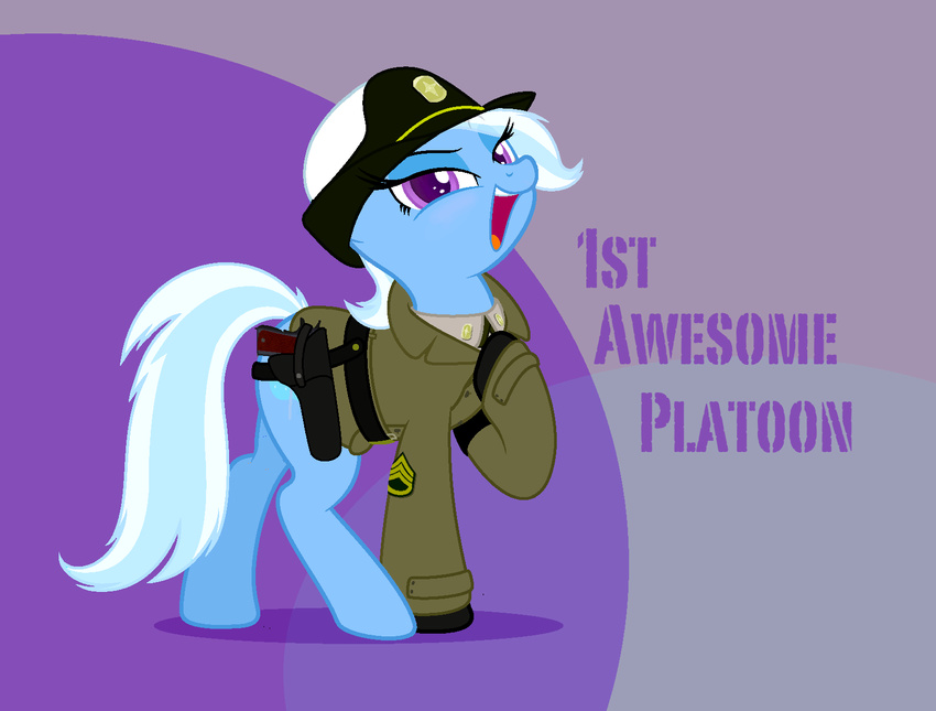 belt blue_fur clothing equine female feral firstawesomeplatoon friendship_is_magic fur gun hair hat holster horn horse long_hair looking_at_viewer mammal my_little_pony necktie open_mouth pistol pony purple_eyes ranged_weapon shirt smile solo standing suit text tongue trixie_(mlp) two_tone_hair unicorn uniform weapon