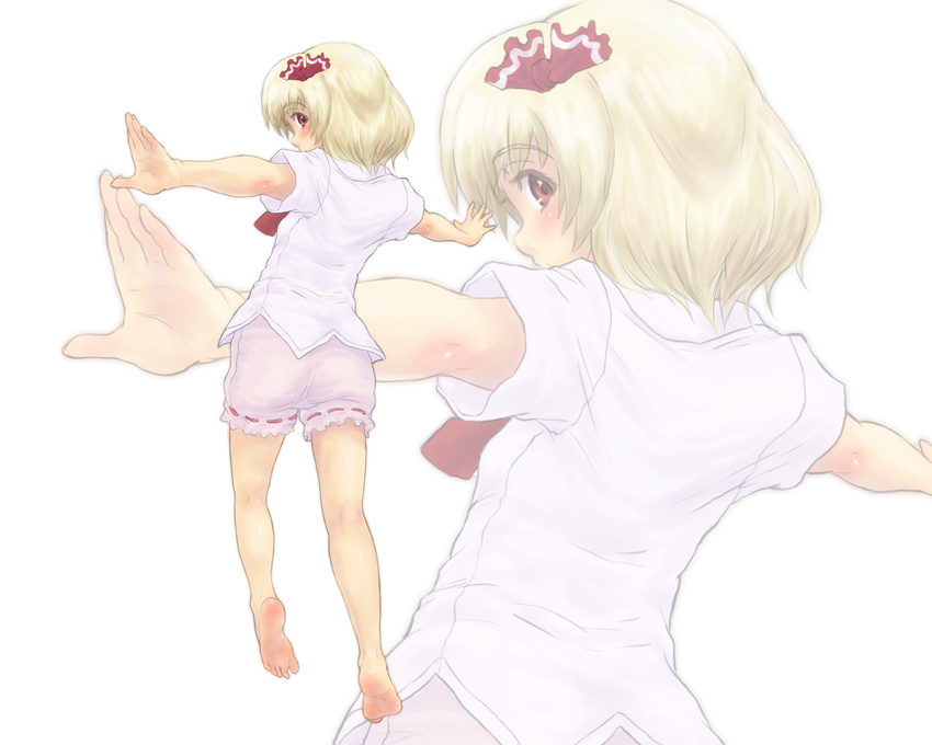 barefoot blonde_hair bloomers blush feet hair_ribbon highres kuro_suto_sukii looking_at_viewer looking_back outstretched_arms red_eyes ribbon rumia short_hair solo touhou underwear zoom_layer