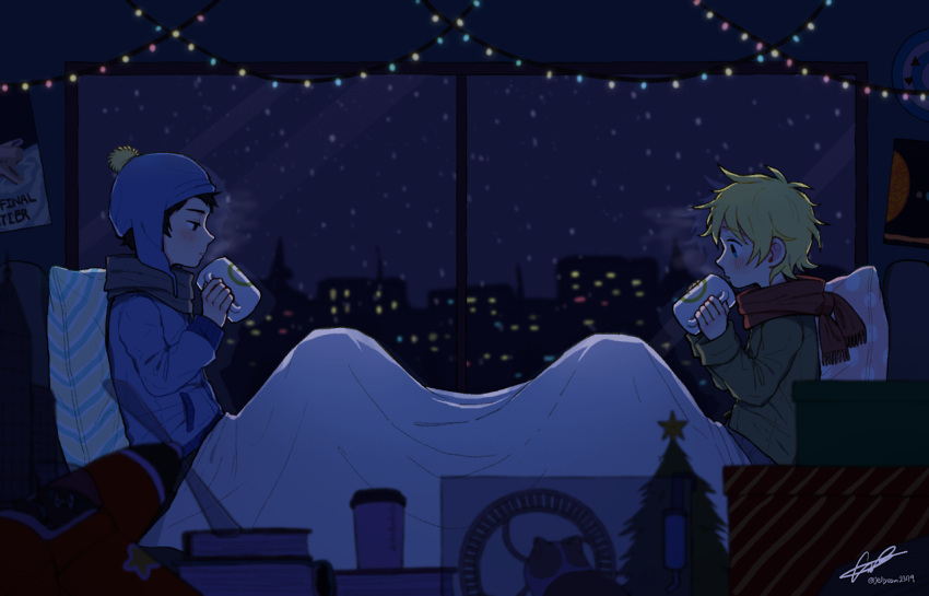 2boys black_hair blanket blonde_hair blue_headwear blush christmas_lights craig_tucker cup gummybear2379 hat holding holding_cup long_sleeves male_child male_focus multiple_boys night night_sky pillow poster_(object) scarf sky south_park star_(sky) starry_sky tweek_tweak yaoi