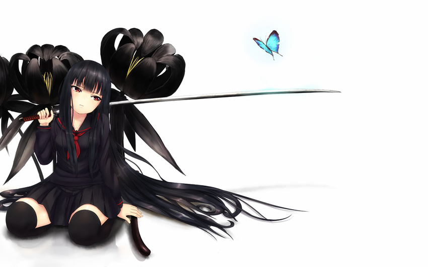 black_hair katana long_hair noririn original red_eyes seifuku sword thighhighs weapon