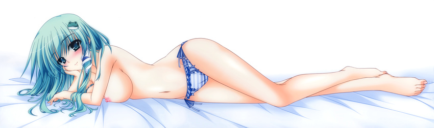 absurdres aoi_hiro barefoot bed bed_sheet blue_panties blush breasts cameltoe chin_rest dakimakura feet frilled_panties frills frog_hair_ornament from_side full_body green_eyes green_hair hair_ornament highres kochiya_sanae large_breasts legs long_image long_legs looking_at_viewer lying nipples on_bed on_side panties side-tie_panties smile snake_hair_ornament solo striped striped_panties toenails touhou underwear underwear_only white_panties wide_image