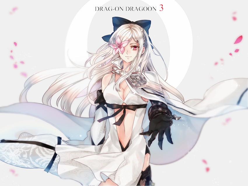 cape drag-on_dragoon drag-on_dragoon_3 flower midriff nadir petals red_eyes ribbon white_hair zero_(drag-on_dragoon)