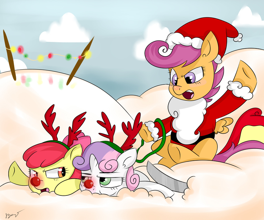 antlers apple_bloom_(mlp) beard bow christmas christmas_lights clothing coat cub cutie_mark_crusaders_(mlp) equine facial_hair female feral friendship_is_magic fur green_eyes group hair hat hi_res holidays horn horse long_hair lying mammal my_little_pony on_front open_mouth orange_fur pegasus pony purple_eyes purple_hair red_hair red_nose rudolph santa_claus santa_hat scootaloo_(mlp) sitting snow sweetie_belle_(mlp) two_tone_hair unicorn white_fur wings wizardglitter young