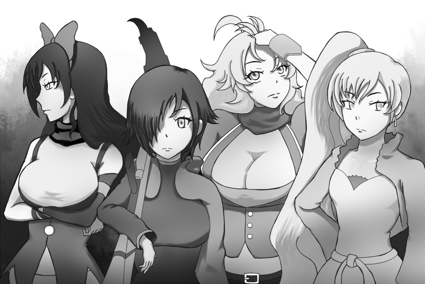 4girls black_hair blake_belladonna breasts cleavage frown hair_over_one_eye large_breasts monochrome multiple_girls ruby_rose rwby weiss_schnee yang_xiao_long