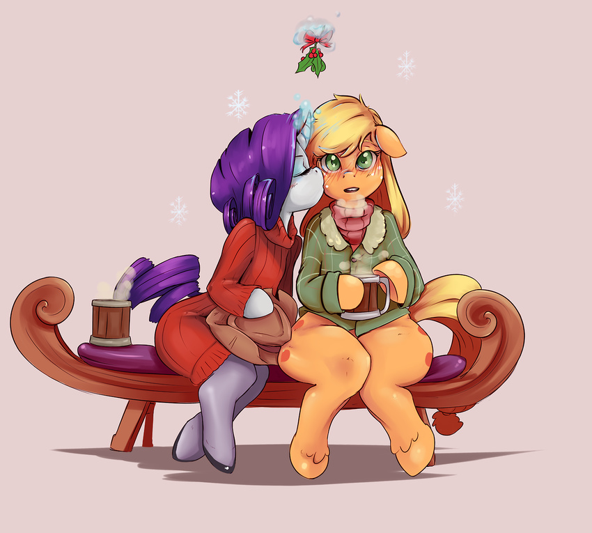 anthro applejack_(mlp) bench blonde_hair blush cute drink duo equine female freckles friendship_is_magic fur green_eyes hair holly_(plant) hooves horn horse jacket kissing mammal mistletoe my_little_pony orange_fur pony purple_hair rarity_(mlp) scarf simple_background sitting snowflake sundown_(artist) sweater unicorn