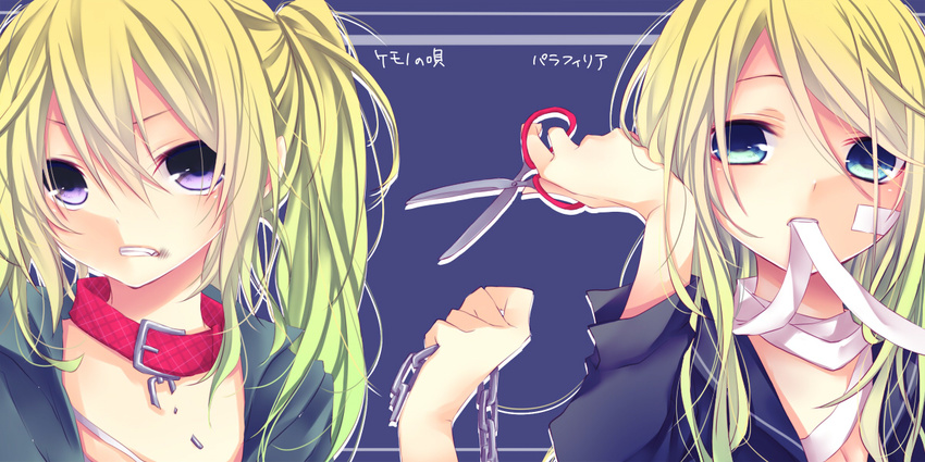 akita_neru alternate_hair_length alternate_hairstyle bandages bandaid bandaid_on_face bangs blonde_hair blue_eyes bruise bruise_on_face chain clenched_teeth collar creator_connection gradient_hair green_hair hair_between_eyes holding holding_scissors injury kagamine_rin kemono_no_uta_(vocaloid) kuroi_(liar-player) long_hair long_sleeves looking_at_viewer messy_hair multicolored_hair multiple_girls one_side_up purple_eyes scissors song_name songover swept_bangs teeth upper_body vocaloid