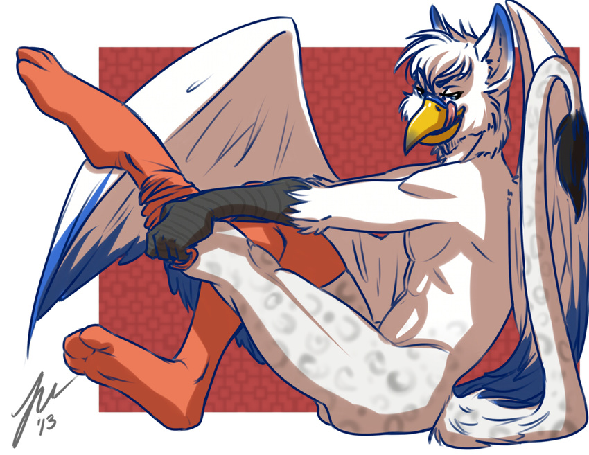 abs avian beak fur gryphon hair jacqumo legwear licking licking_lips looking_at_viewer male nude sephirothiel side_view sitting socks solo stockings tail_tuft tongue tongue_out tuft white_feathers white_fur white_hair wings