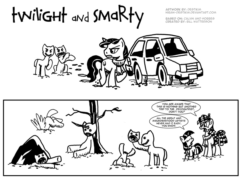 black_and_white boots car crescent_(mlp) cutie_mark dialog english_text equine female friendship_is_magic horn horse male mammal monochrome my_little_pony niban-destikim pegasus pony rock scarf smartypants_(mlp) snowman text tree twilight_sparkle_(mlp) unicorn wings