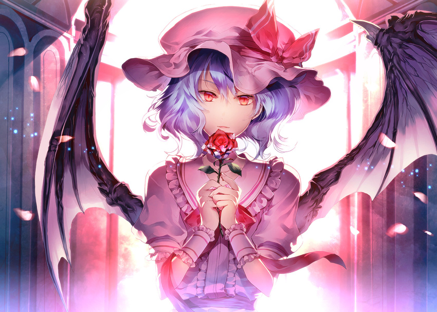 backlighting bat_wings blue_hair dress flower hat hat_ribbon highres looking_at_viewer mob_cap petals pink_dress puffy_sleeves red_eyes red_flower red_rose remilia_scarlet ribbon rose short_sleeves solo sunakumo touhou upper_body wings wrist_cuffs