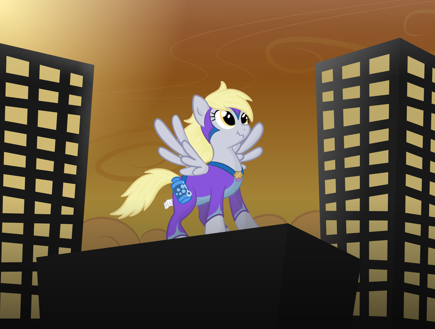 blonde_hair costume derpy_hooves_(mlp) equine female friendship_is_magic fur grey_fur hair horse mammal my_little_pony pegasus pony scrunchy_face solo superhero teasie wings yellow_eyes