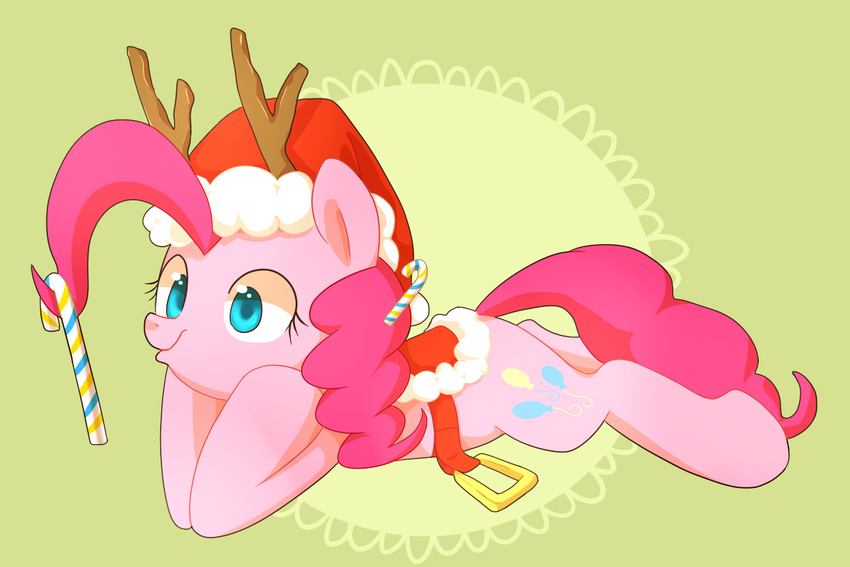 aosion blue_eyes candy candy_cane christmas cutie_mark equine female feral friendship_is_magic fur hair hat holidays horn horse long_hair lying mammal my_little_pony on_frond pink_fur pink_hair pinkie_pie_(mlp) pony santa_hat smile solo