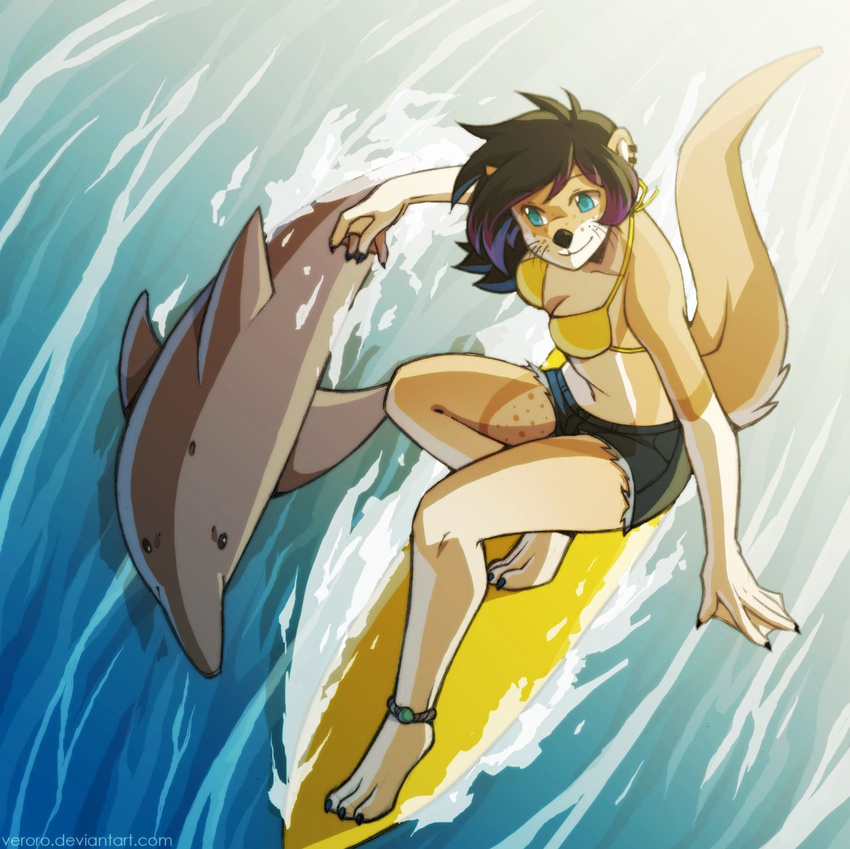 anthro barefoot black_hair blue_eyes cetacean dolphin female feral fur hair mammal marine mustelid otter outside sea short_hair veroro water webbed_hands