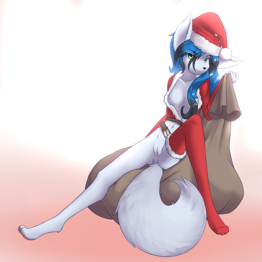 blue_hair breasts canine christmas delicious delicious_(artist) female fluffy_tail fox green_eyes hair hat holidays mammal nipples nude pussy santa_hat sitting solo