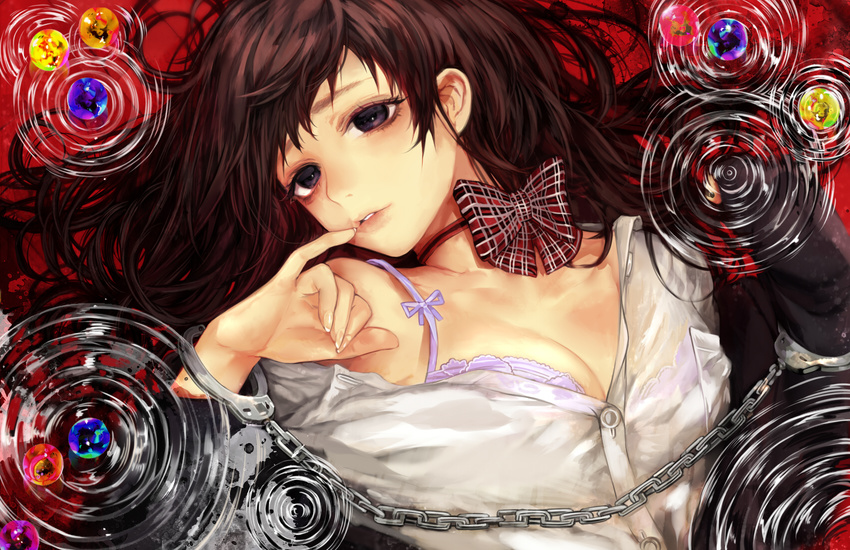 bow bra breasts brown_hair cleavage cuffs finger_to_mouth handcuffs highres long_hair looking_at_viewer medium_breasts open_clothes open_shirt original purple_eyes ripples shirt solo tcb underwear