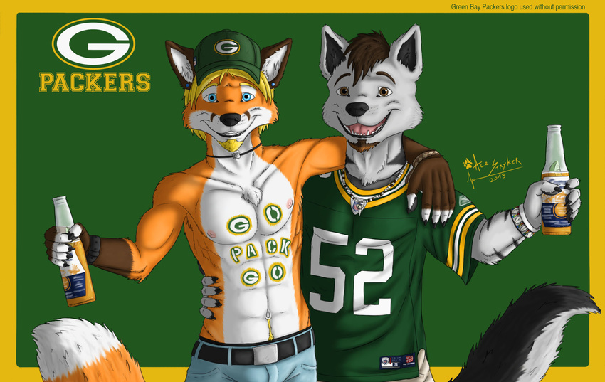 abs ace_stryker alcohol anthro beer belt beverage biceps blonde_hair blue_eyes brown_eyes brown_hair canine clothed clothing ear_piercing facial_hair football fox hair hat jeans jersey looking_at_viewer male mammal muscles necklace nipples pecs piercing smile toned topless wolf