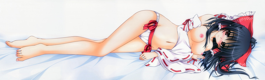 absurdres aoi_hiro barefoot bed bed_sheet black_hair blush bow breasts dakimakura detached_sleeves feet from_side full_body hair_bow hair_tubes hakurei_reimu highres huge_filesize legs long_image looking_at_viewer lying medium_breasts nipples no_bra on_bed on_side panties red_eyes solo spread_toes toe-point toenail_polish toenails toes touhou underwear white_panties wide_image