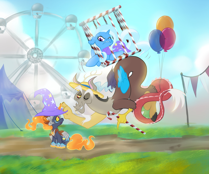 antler balloons blue_fur blue_hair cage candy candy_cane cape cub cutie_mark discord_(mlp) draconequus equine female feral fire flaming_hair flaming_tail friendship_is_magic fur grass grey_hair hair hat horn horse long_hair male mammal markings my_little_pony one_eye_closed open_mouth original_character peachiekeenie pony purple_eyes red_eyes smile tent trixie_(mlp) two_tone_hair unicorn winged_unicorn wings wink young