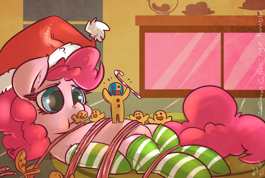 blue_eyes bound candy candy_cane christmas equine female feral friendship_is_magic fur gingerbread_man hair hat holidays horse inside legwear long_hair male mammal my_little_pony open_mouth pink_fur pink_hair pinkie_pie_(mlp) pony santa_hat smile stockings