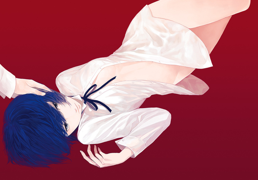 bad_id bad_pixiv_id blue_eyes blue_hair bottomless hand_on_another's_head katsura_(+araka) lying on_back open_clothes open_shirt persona persona_4 ribbon shirogane_naoto shirt simple_background solo_focus