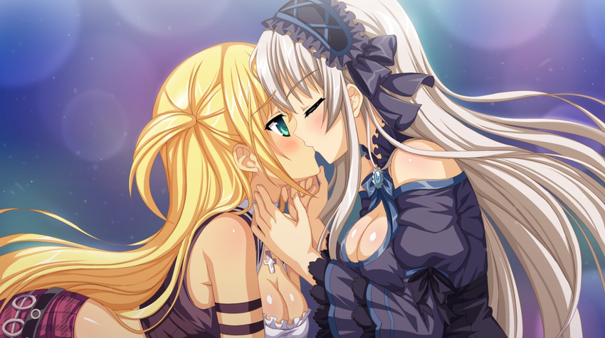 2girls aqua_eyes blonde_hair blush breasts demon_master_chris female game_cg grey_hair kiss long_hair multiple_girls saiga_kurisu yuri