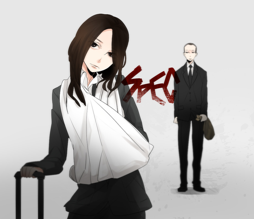 1girl arm_sling bag bandages black_eyes black_hair brown_hair buzz_cut cast chiccccca formal long_hair necktie paper_bag sebumi_takeru short_hair spec suitcase touma_saya