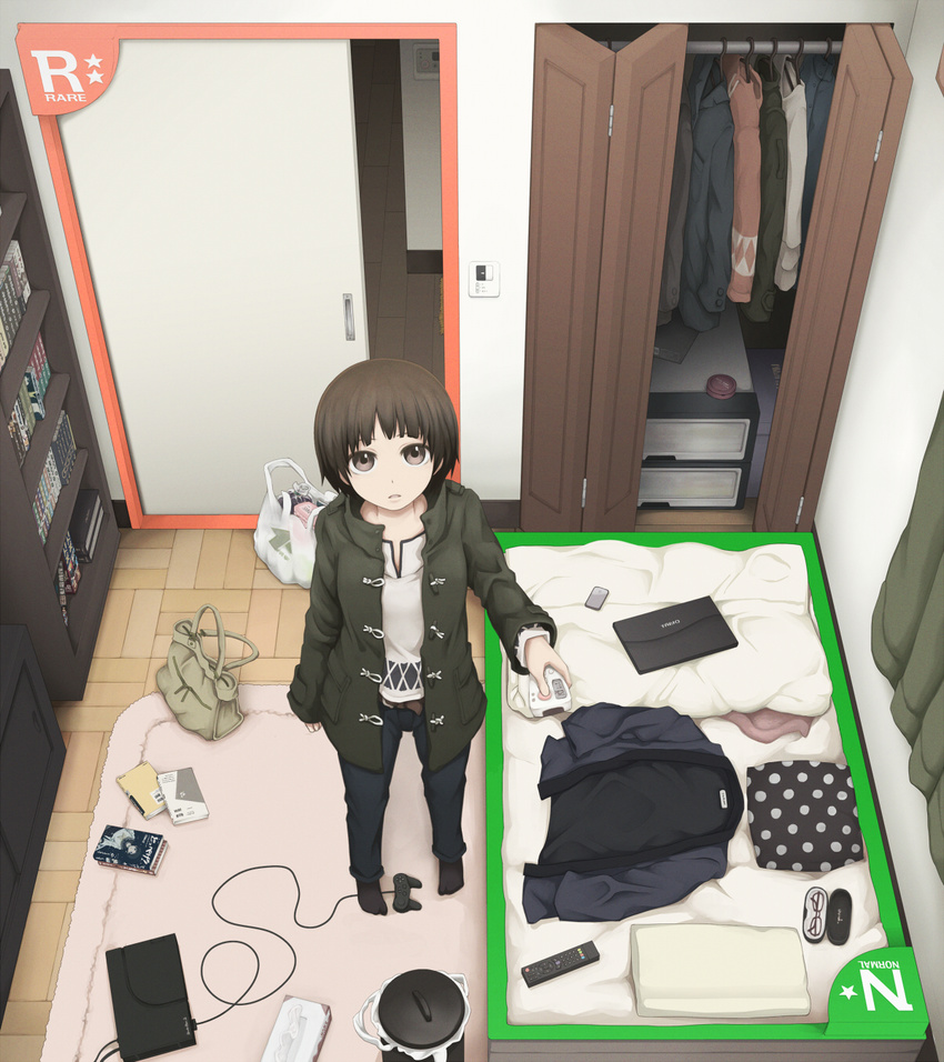 bag bed belt book bookshelf brown_eyes brown_hair cellphone closet coat commentary computer controller denim door game_console game_controller glasses glasses_case handbag highres jeans laptop original pants phone pillow plastic_bag remote_control short_hair smartphone socks solo tissue_box trash_can yajirushi_(chanoma)