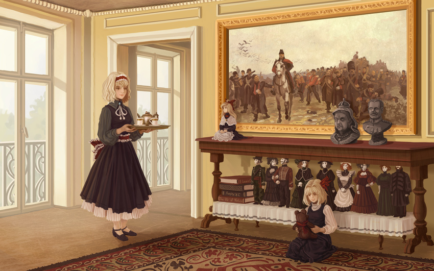 absurdres alice_margatroid blonde_hair book carpet doll dress frills gun hairband hector_macdonald highres horse military military_uniform multiple_girls painting_(object) queen_victoria rack ribbon rumia scarf shanghai_doll short_hair shotgun statue stuffed_animal stuffed_toy teddy_bear touhou u-joe uniform victorian weapon white_horse window